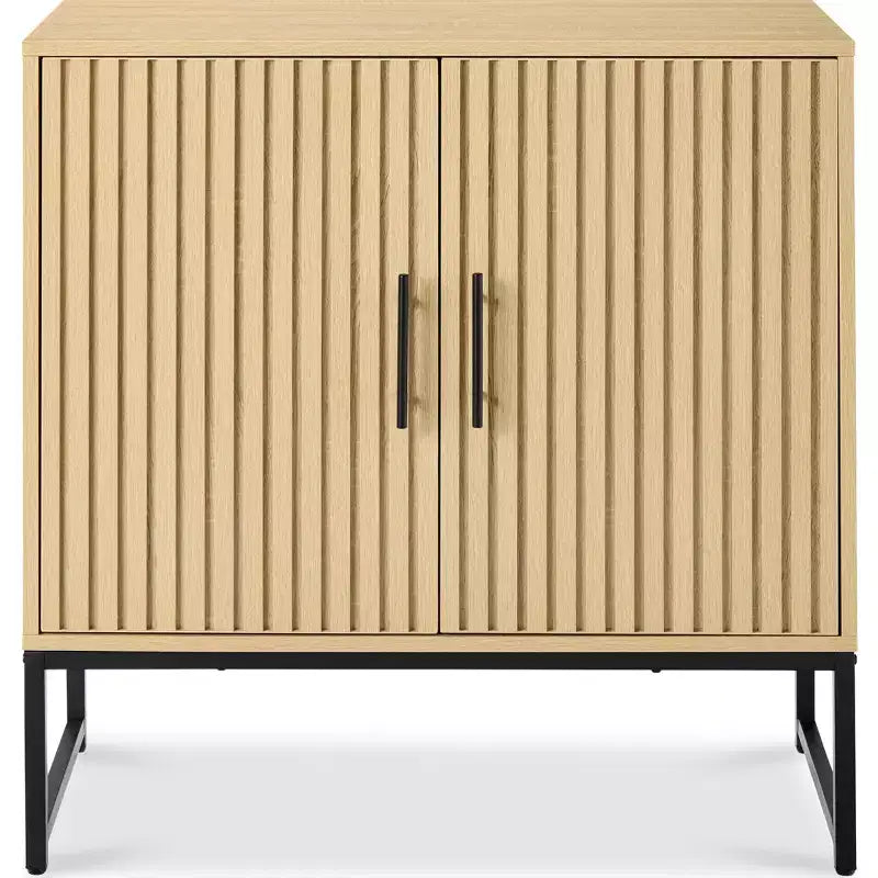 2-Door Slatted Storage Cabinet, Accent Furniture w/ Non-Scratch Foot Pads