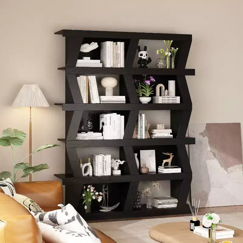 Open Bookcase Decorative Shelf Unique Shape Multi-functional Storage Multi-storage Compartment Black