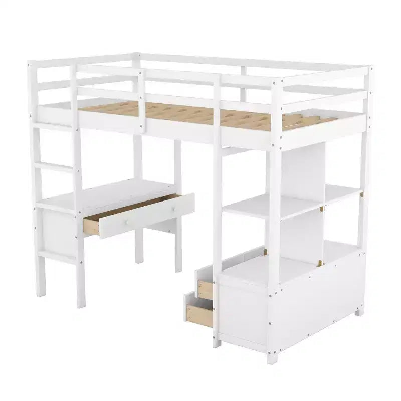 78.20''L 57.50''W Wood Loft Bed with Built-in Desk with Two Drawers, Storage Shelves and Drawers