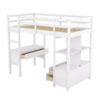 78.20''L 57.50''W Wood Loft Bed with Built-in Desk with Two Drawers, Storage Shelves and Drawers