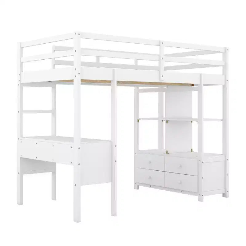78.20''L 57.50''W Wood Loft Bed with Built-in Desk with Two Drawers, Storage Shelves and Drawers