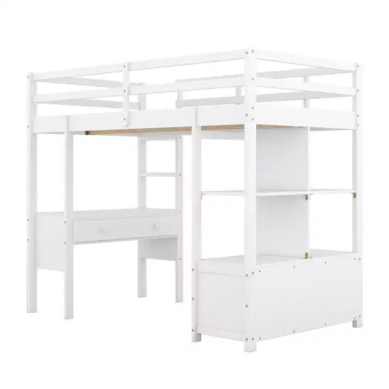 78.20''L 57.50''W Wood Loft Bed with Built-in Desk with Two Drawers, Storage Shelves and Drawers