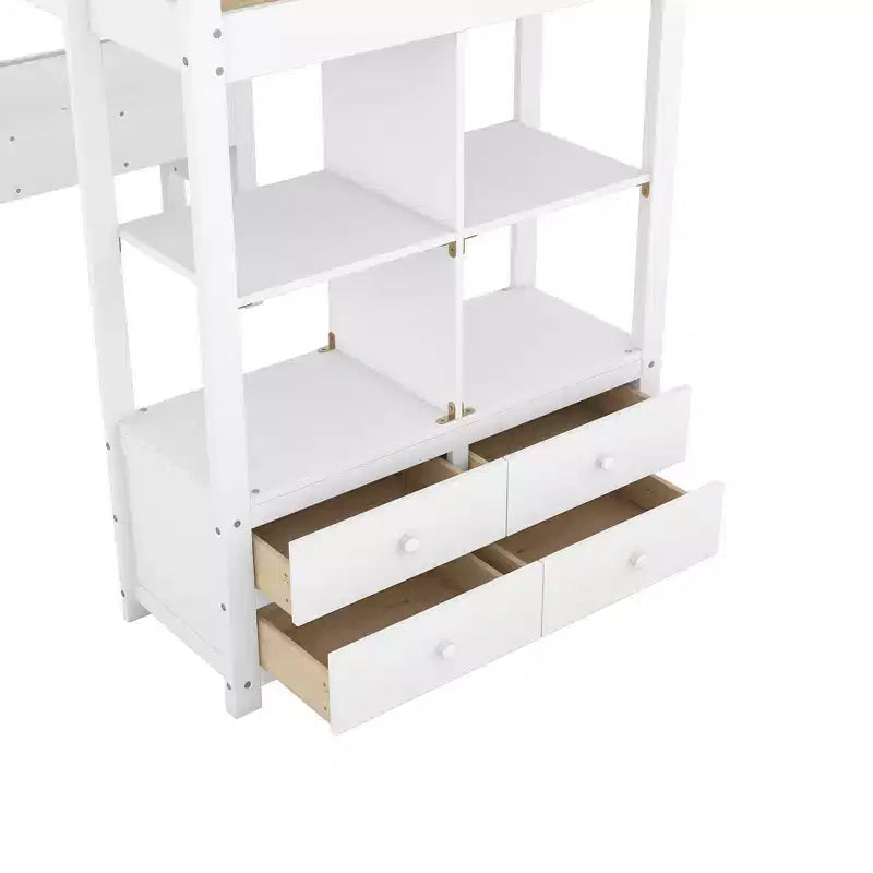 78.20''L 57.50''W Wood Loft Bed with Built-in Desk with Two Drawers, Storage Shelves and Drawers