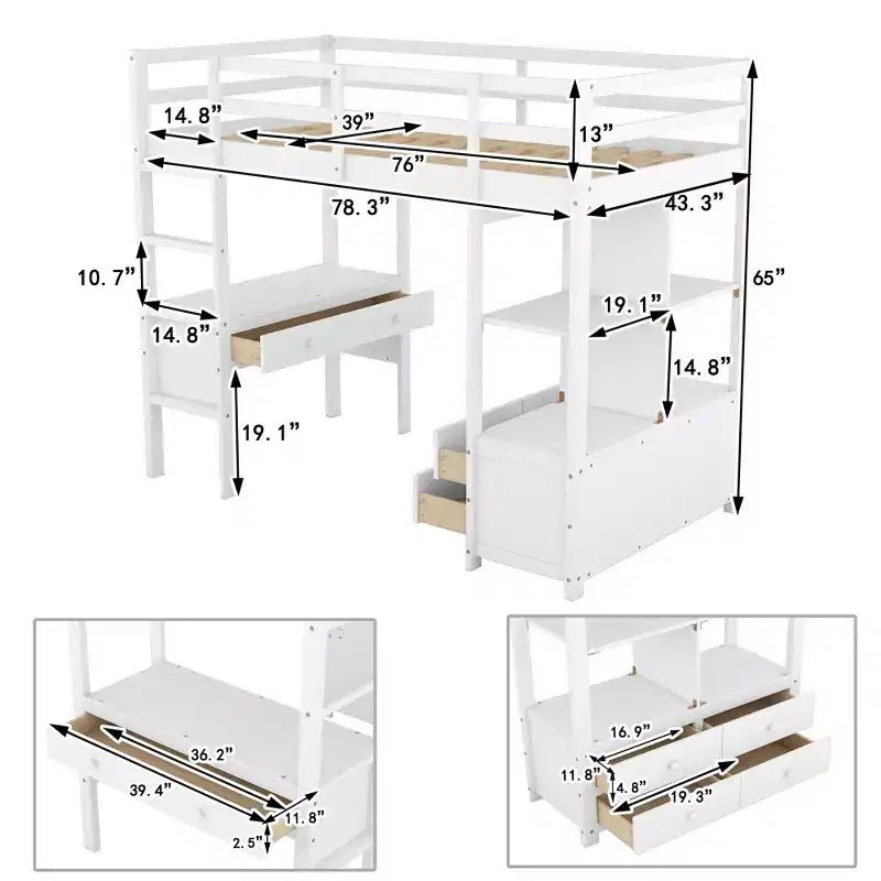 78.20''L 57.50''W Wood Loft Bed with Built-in Desk with Two Drawers, Storage Shelves and Drawers
