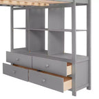 78.20''L 57.50''W Wood Loft Bed with Built-in Desk with Two Drawers, Storage Shelves and Drawers