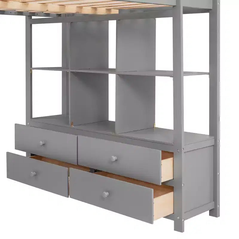 78.20''L 57.50''W Wood Loft Bed with Built-in Desk with Two Drawers, Storage Shelves and Drawers