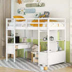 78.20''L 57.50''W Wood Loft Bed with Built-in Desk with Two Drawers, Storage Shelves and Drawers