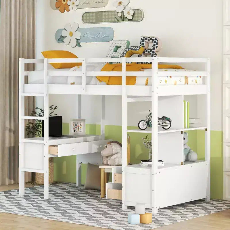 78.20''L 57.50''W Wood Loft Bed with Built-in Desk with Two Drawers, Storage Shelves and Drawers