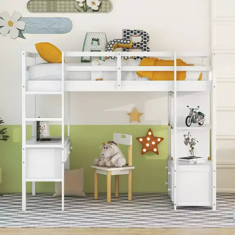 78.20''L 57.50''W Wood Loft Bed with Built-in Desk with Two Drawers, Storage Shelves and Drawers