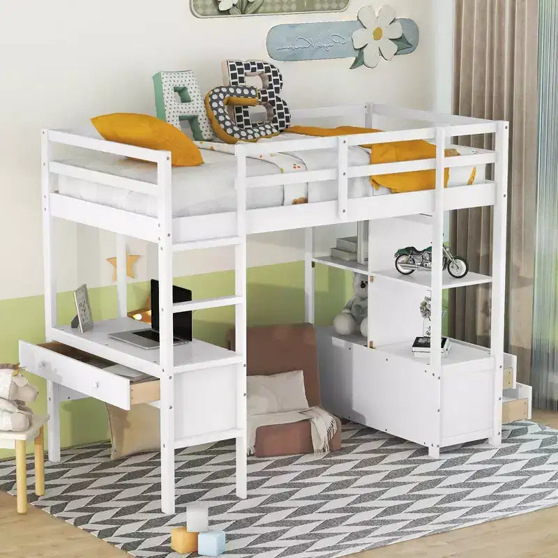 78.20''L 57.50''W Wood Loft Bed with Built-in Desk with Two Drawers, Storage Shelves and Drawers