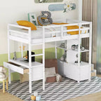 78.20''L 57.50''W Wood Loft Bed with Built-in Desk with Two Drawers, Storage Shelves and Drawers