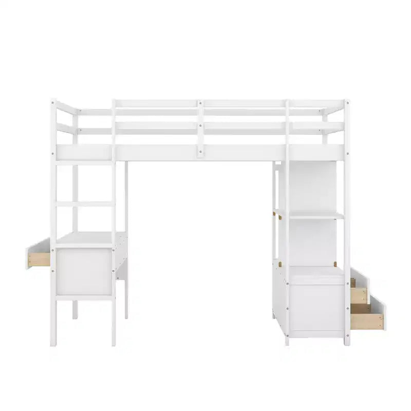 78.20''L 57.50''W Wood Loft Bed with Built-in Desk with Two Drawers, Storage Shelves and Drawers