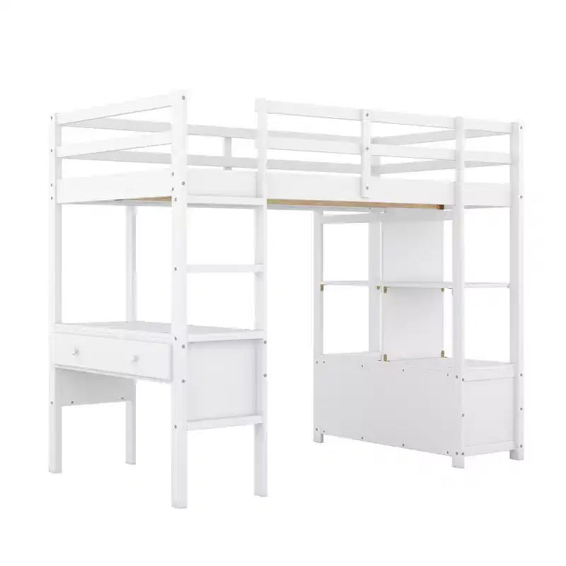 78.20''L 57.50''W Wood Loft Bed with Built-in Desk with Two Drawers, Storage Shelves and Drawers