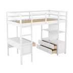 78.20''L 57.50''W Wood Loft Bed with Built-in Desk with Two Drawers, Storage Shelves and Drawers