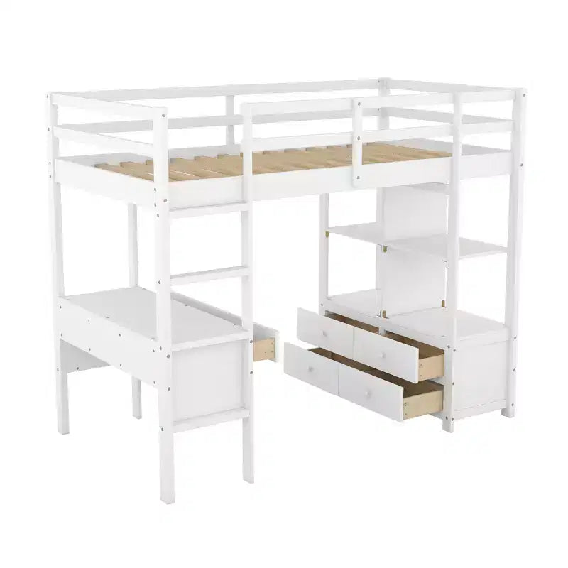 78.20''L 57.50''W Wood Loft Bed with Built-in Desk with Two Drawers, Storage Shelves and Drawers