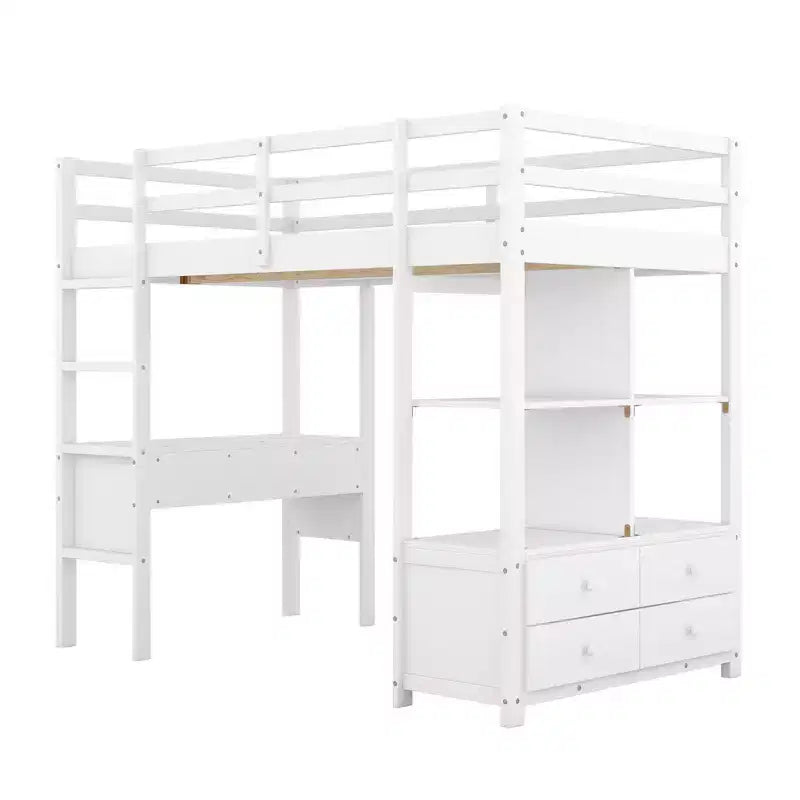 78.20''L 57.50''W Wood Loft Bed with Built-in Desk with Two Drawers, Storage Shelves and Drawers