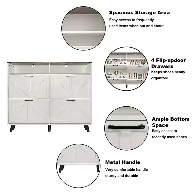 Shoe Storage, Freestanding Shoe Cabinet Storage with 4 Flip Drawers and Barn Door Design, Slim Narrow Shoe Rack Dresser, Shoe Organizer