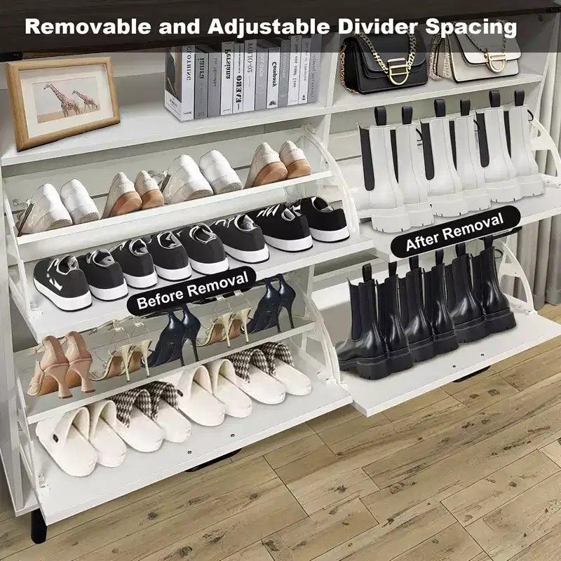 Shoe Storage, Freestanding Shoe Cabinet Storage with 4 Flip Drawers and Barn Door Design, Slim Narrow Shoe Rack Dresser, Shoe Organizer