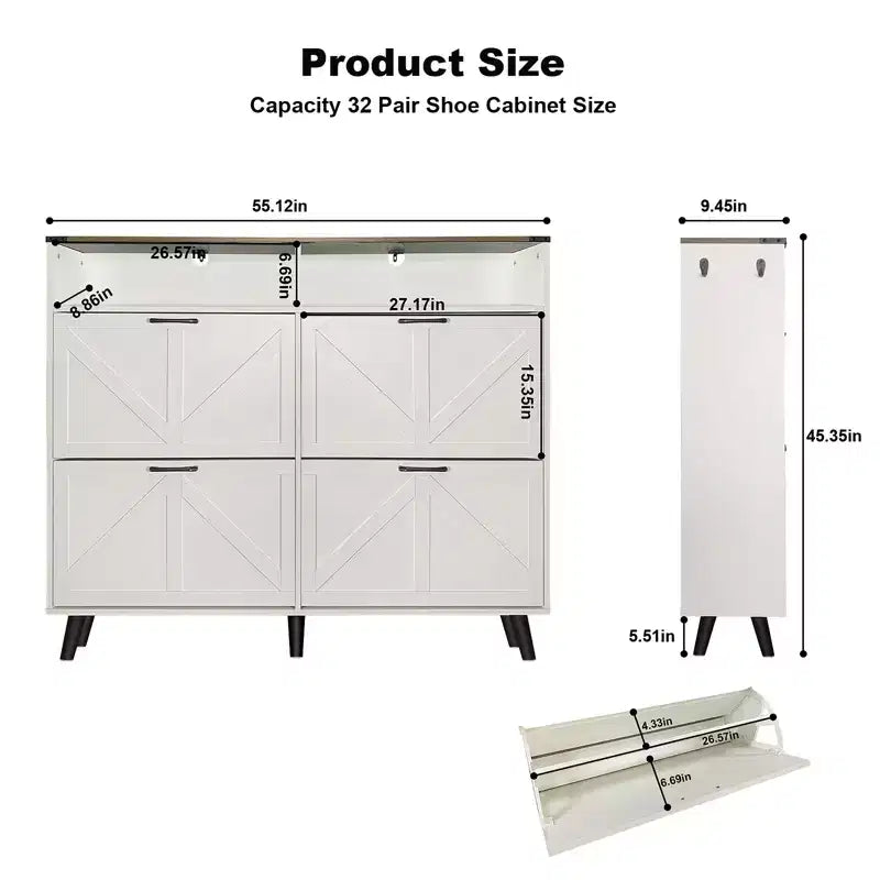 Shoe Storage, Freestanding Shoe Cabinet Storage with 4 Flip Drawers and Barn Door Design, Slim Narrow Shoe Rack Dresser, Shoe Organizer