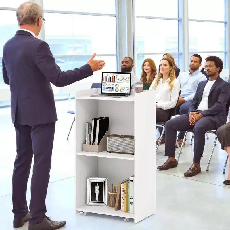 41 Presentation Podium with 2 Storage Shelves Laptop Computer Cart 4 Casters Black/White