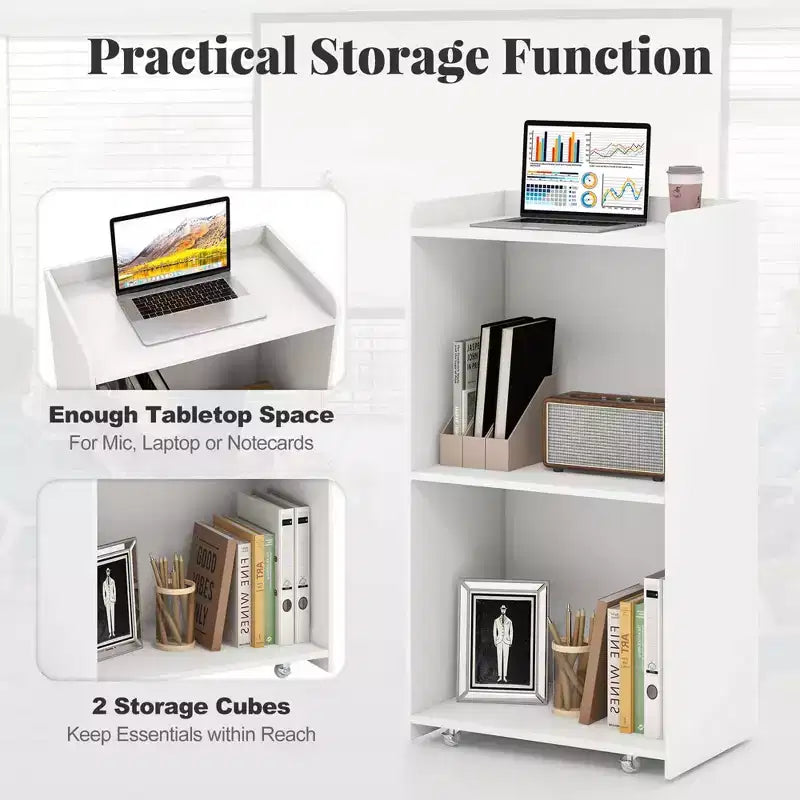 41 Presentation Podium with 2 Storage Shelves Laptop Computer Cart 4 Casters Black/White
