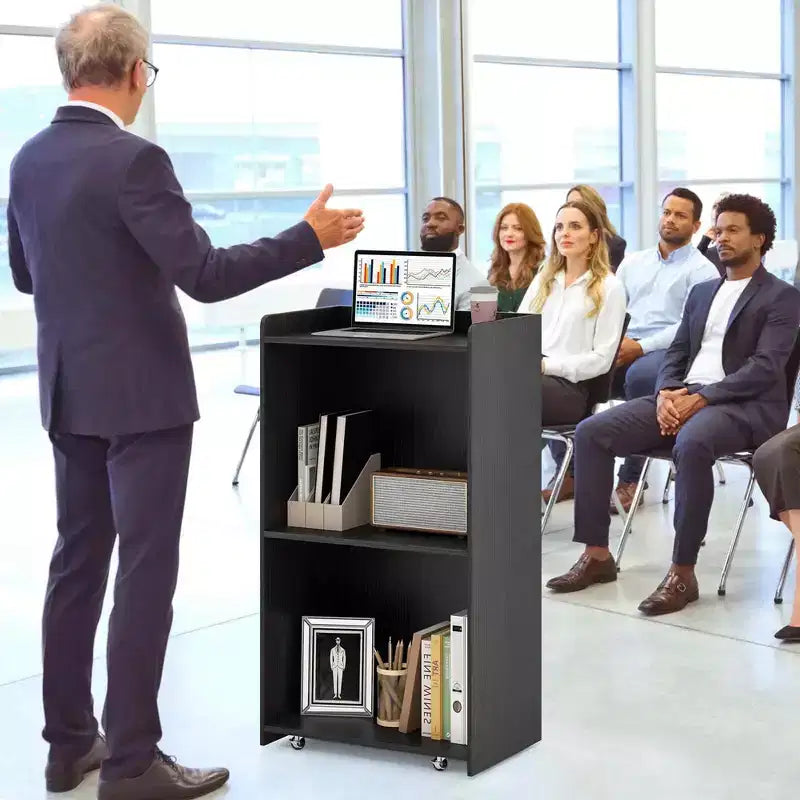 41 Presentation Podium with 2 Storage Shelves Laptop Computer Cart 4 Casters Black/White