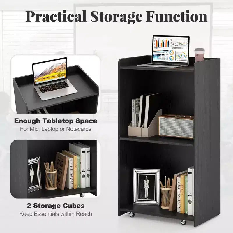41 Presentation Podium with 2 Storage Shelves Laptop Computer Cart 4 Casters Black/White