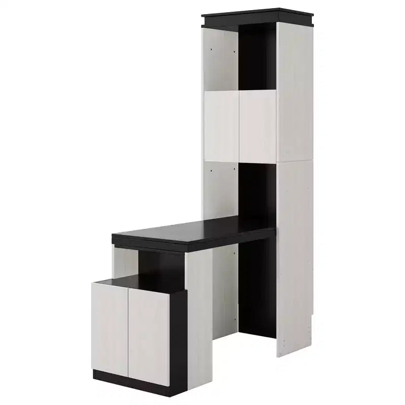 Full Size Wall Murphy Bed Multifunctional Foldable Platform Bedframe with Desk, Storage Shelves and Cabinets, Black+White