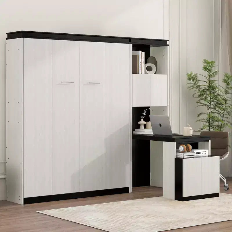 Full Size Wall Murphy Bed Multifunctional Foldable Platform Bedframe with Desk, Storage Shelves and Cabinets, Black+White