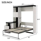 Full Size Wall Murphy Bed Multifunctional Foldable Platform Bedframe with Desk, Storage Shelves and Cabinets, Black+White