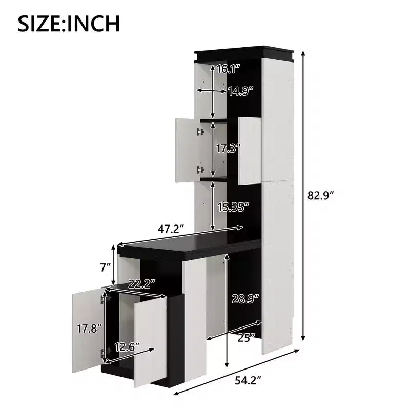 Full Size Wall Murphy Bed Multifunctional Foldable Platform Bedframe with Desk, Storage Shelves and Cabinets, Black+White
