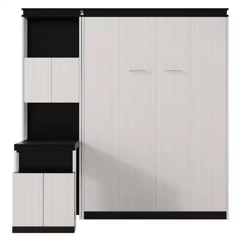 Full Size Wall Murphy Bed Multifunctional Foldable Platform Bedframe with Desk, Storage Shelves and Cabinets, Black+White