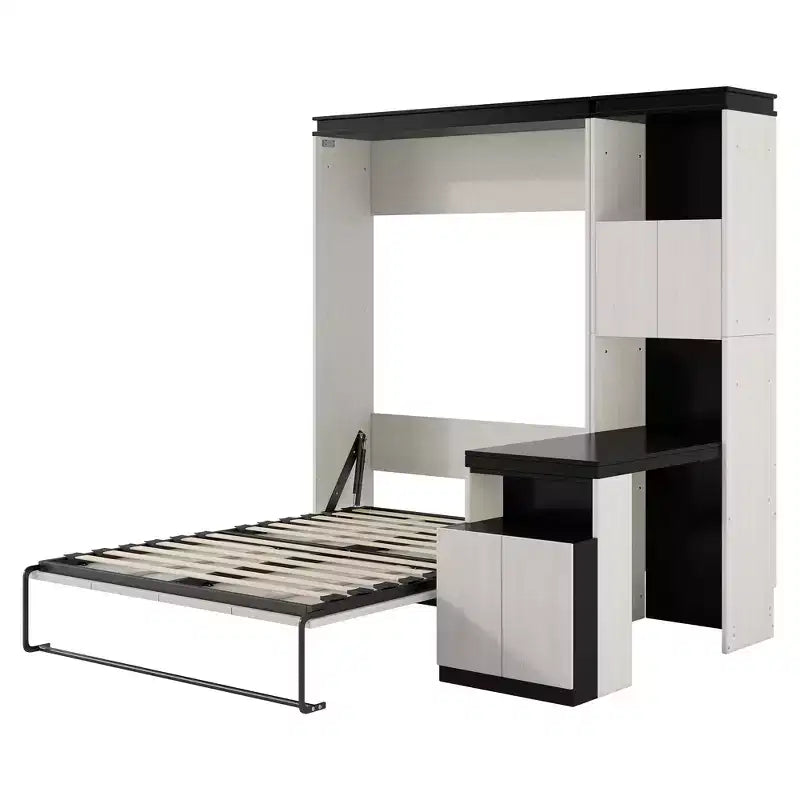 Full Size Wall Murphy Bed Multifunctional Foldable Platform Bedframe with Desk, Storage Shelves and Cabinets, Black+White