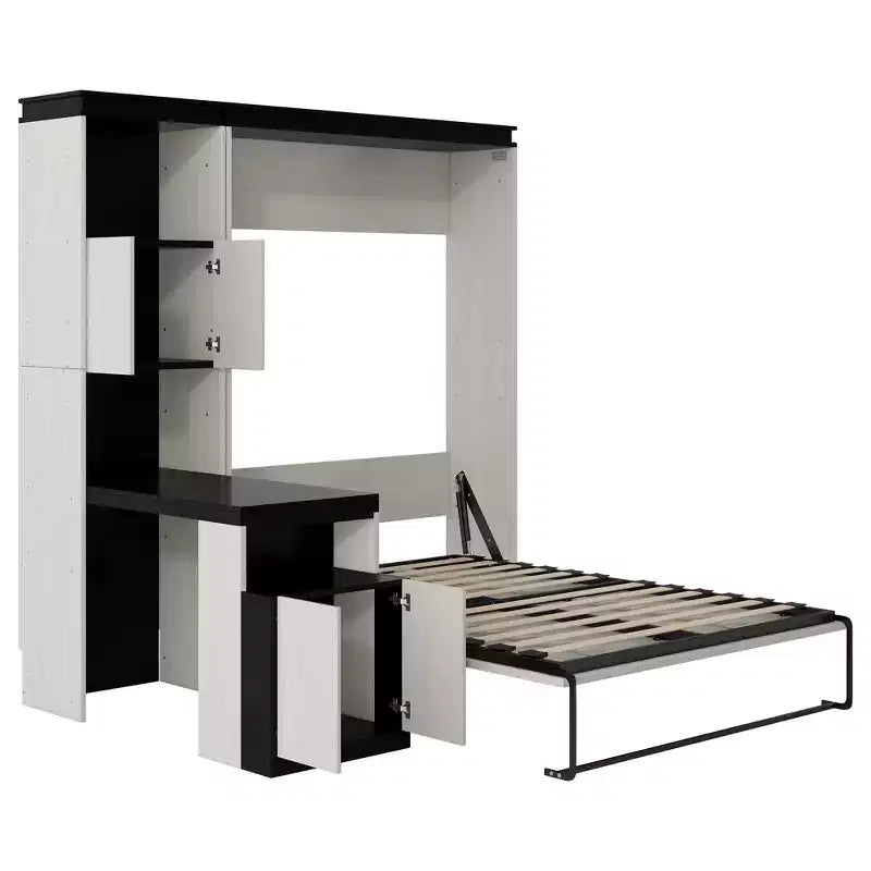 Full Size Wall Murphy Bed Multifunctional Foldable Platform Bedframe with Desk, Storage Shelves and Cabinets, Black+White