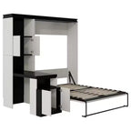 Full Size Wall Murphy Bed Multifunctional Foldable Platform Bedframe with Desk, Storage Shelves and Cabinets, Black+White