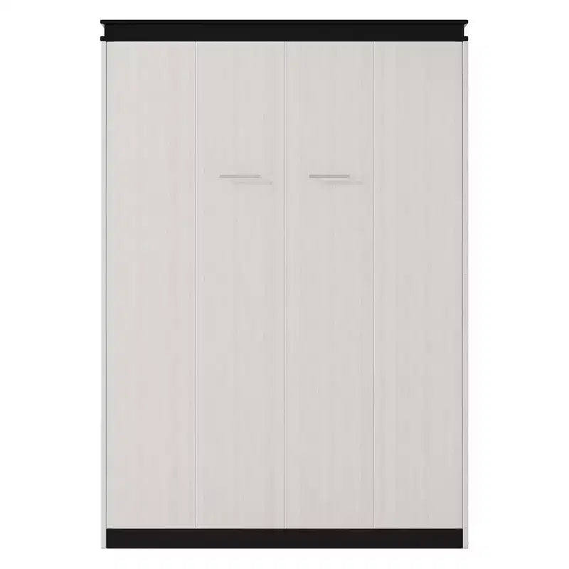 Full Size Wall Murphy Bed Multifunctional Foldable Platform Bedframe with Desk, Storage Shelves and Cabinets, Black+White