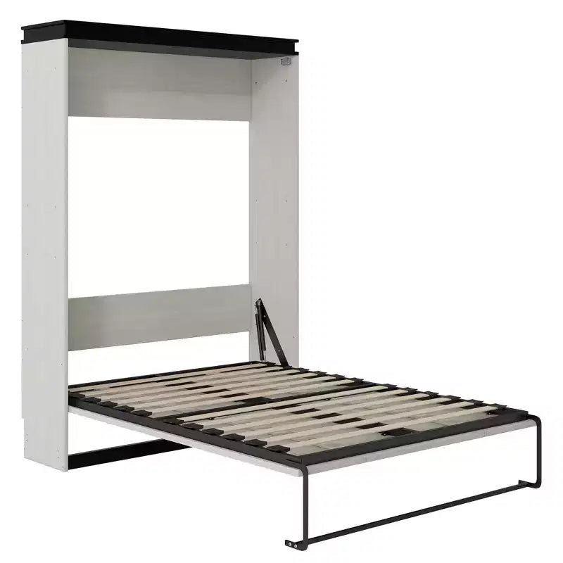 Full Size Wall Murphy Bed Multifunctional Foldable Platform Bedframe with Desk, Storage Shelves and Cabinets, Black+White