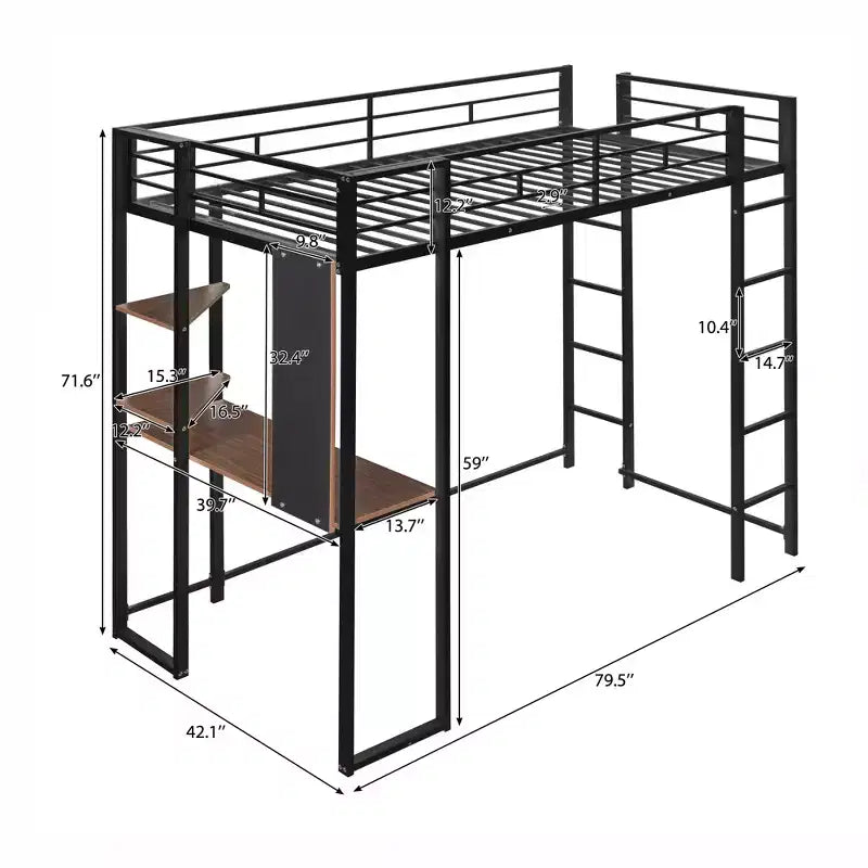 42.1'' W x 79.5'' L Twin Size Metal Loft Bed with Built-in Desk, Shelf and Ladder, Strong Metal Frame
