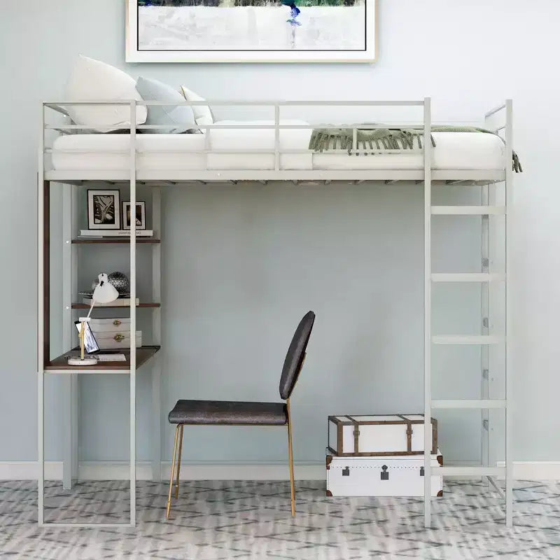 42.1'' W x 79.5'' L Twin Size Metal Loft Bed with Built-in Desk, Shelf and Ladder, Strong Metal Frame