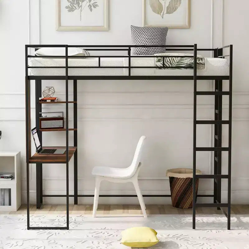 42.1'' W x 79.5'' L Twin Size Metal Loft Bed with Built-in Desk, Shelf and Ladder, Strong Metal Frame