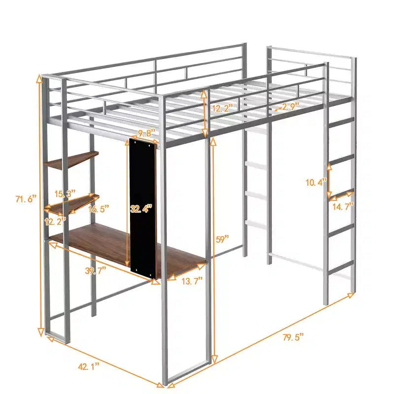 42.1'' W x 79.5'' L Twin Size Metal Loft Bed with Built-in Desk, Shelf and Ladder, Strong Metal Frame