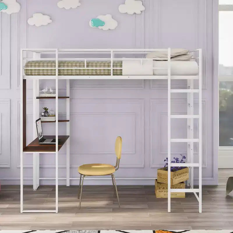 42.1'' W x 79.5'' L Twin Size Metal Loft Bed with Built-in Desk, Shelf and Ladder, Strong Metal Frame