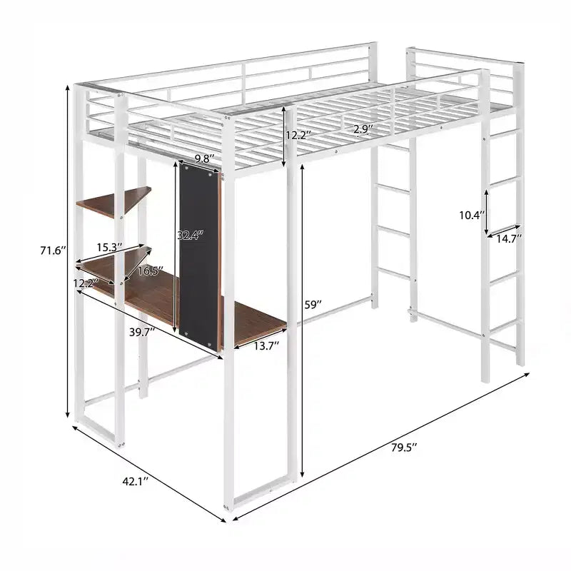 42.1'' W x 79.5'' L Twin Size Metal Loft Bed with Built-in Desk, Shelf and Ladder, Strong Metal Frame
