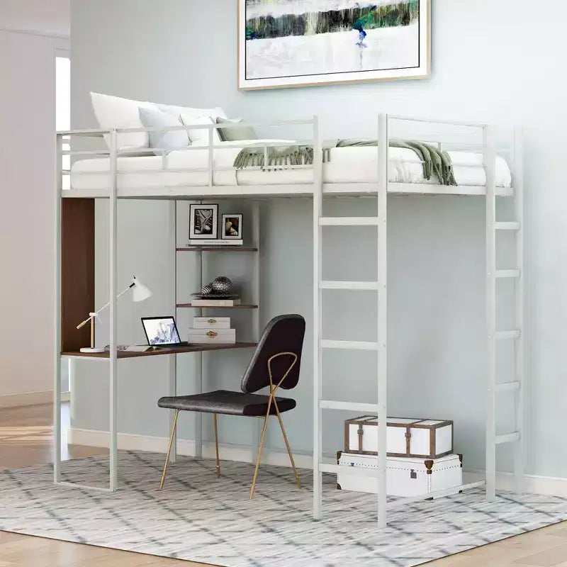 42.1'' W x 79.5'' L Twin Size Metal Loft Bed with Built-in Desk, Shelf and Ladder, Strong Metal Frame