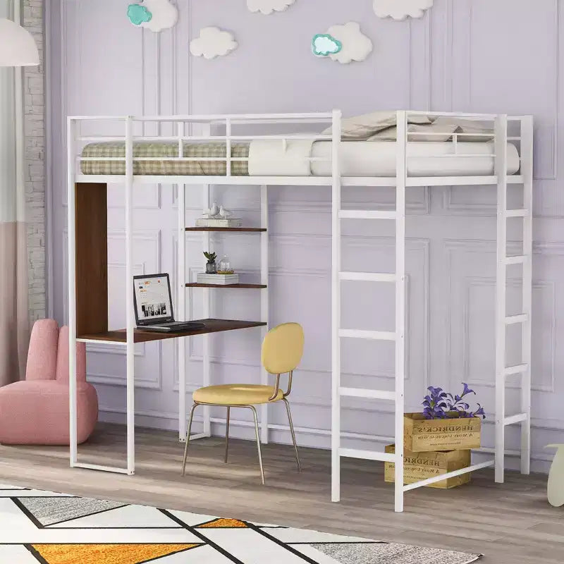 42.1'' W x 79.5'' L Twin Size Metal Loft Bed with Built-in Desk, Shelf and Ladder, Strong Metal Frame