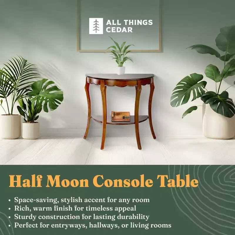 Wooden Half Moon Console Table with Lower Storage Shelf for Living Room and Entryway, Cherry