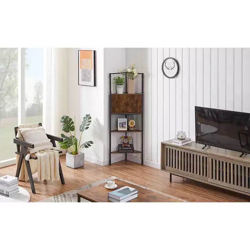 Corner Cabinet, Tall Storage Shelf with Triangle Wooden Shelves, Bookshelf for Small Space, Brown