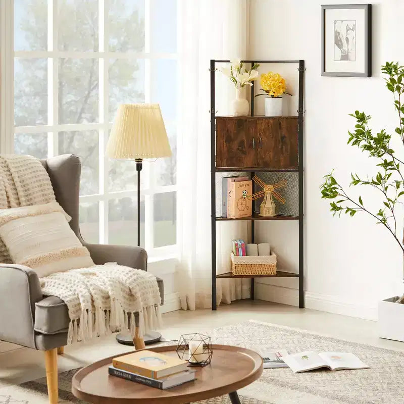 Corner Cabinet, Tall Storage Shelf with Triangle Wooden Shelves, Bookshelf for Small Space, Brown