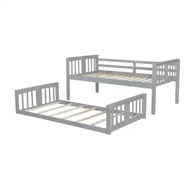 Floor Bunk Bed, Kids Bunk Beds with Guardrail Headboard and Footboard, Low Bunk Beds for Kids, Boys and Girls, Gray