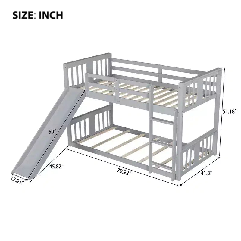 Floor Bunk Bed, Kids Bunk Beds with Guardrail Headboard and Footboard, Low Bunk Beds for Kids, Boys and Girls, Gray